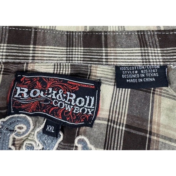 Rock & Roll Cowboy 2XL Brown Plaid Long Sleeve Pearl Snap Button Shirt - Picture 11 of 12